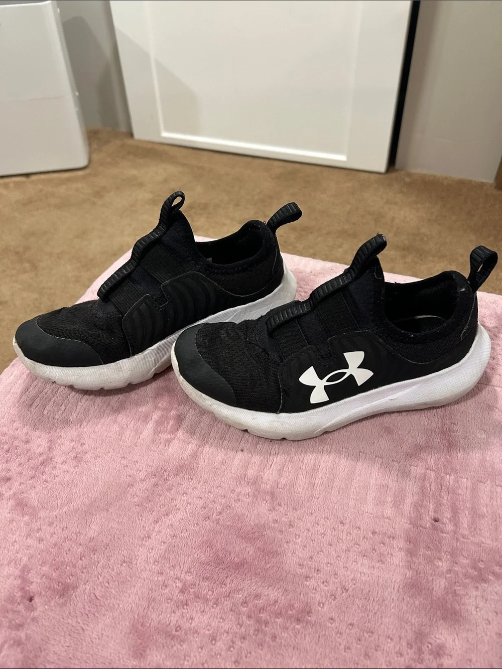 Under Armour Black and White Kids Slip-On Sneakers with Elastic Straps
